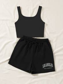 SHEIN Unity Bộ đồ 2 món áo ba lỗ thường ngày và quần short in chữ dành cho nữ - màu đen - Xem 5