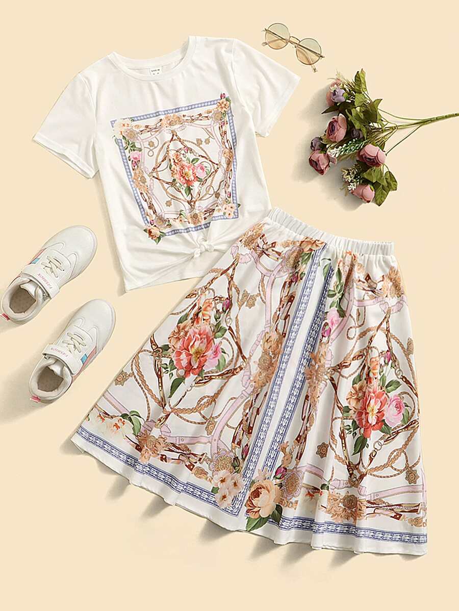 SHEIN Girls Floral & Chain Print Tee & Skirt - Multicolor - View 1