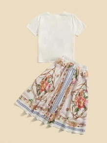 SHEIN Girls Floral & Chain Print Tee & Skirt - Multicolor - View 2