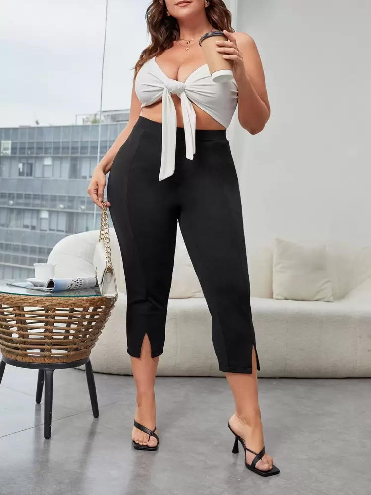 SHEIN Essnce Dividido Simples ocasional Calças de Tamanho Grande - Preto - Ver 1