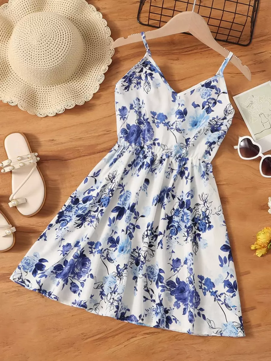 SHEIN 女孩印花吊帶連衣裙 - 藍白色 - 查看 1