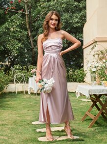 SHEIN Belle 側收褶圍裹下擺抹胸伴娘洋裝