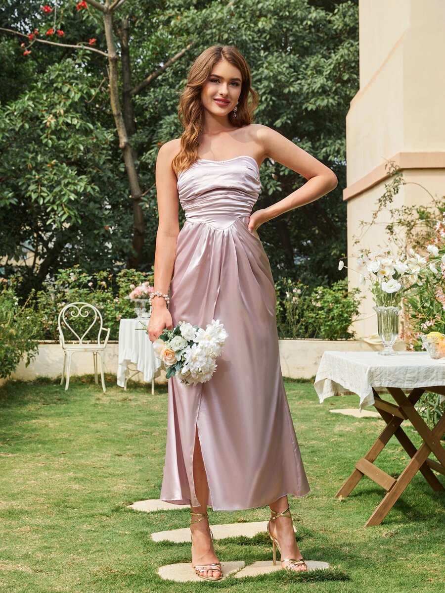 SHEIN Belle 側收褶圍裹下擺抹胸伴娘洋裝