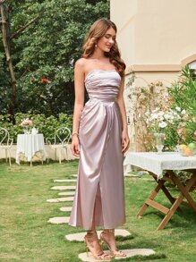 SHEIN Belle 側收褶圍裹下擺抹胸伴娘洋裝