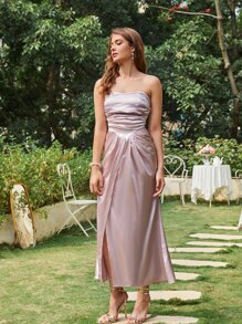 SHEIN Belle 側收褶圍裹下擺抹胸伴娘洋裝