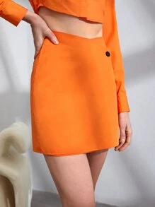 BizChic High Waist Button Detail Wrap Skirt - Orange - View 4