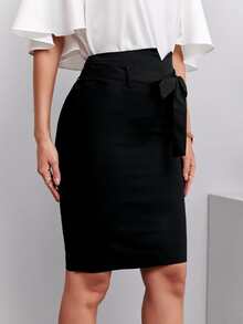 Split Back Belted Pencil Skirt - Black - View 4