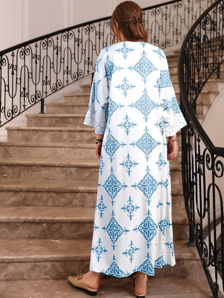 SHEIN Najma Geo Print Notched Neck Batwing Sleeve Kaftan Without Belt - White - View 2