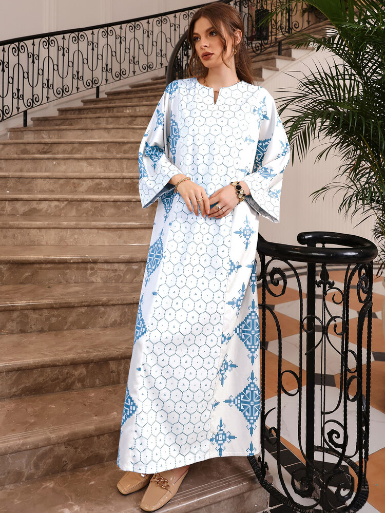SHEIN Najma Geo Print Notched Neck Batwing Sleeve Kaftan Without Belt - White - View 6