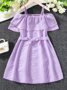 Niñas Vestido con cinturón de hombros descubiertos ribete con fruncido - Lila Púrpura - Ver 1