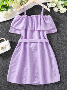 Niñas Vestido con cinturón de hombros descubiertos ribete con fruncido - Lila Púrpura - Ver 2
