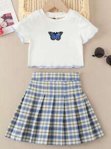 SHEIN Bộ hai mảnh Gái Xù nhỏ Xếp li Gân đan kẻ sọc Loại bướm Sẵn sàng - Xanh và trắng - Xem 1