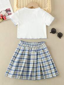 SHEIN Bộ hai mảnh Gái Xù nhỏ Xếp li Gân đan kẻ sọc Loại bướm Sẵn sàng - Xanh và trắng - Xem 2