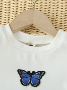 SHEIN Bộ hai mảnh Gái Xù nhỏ Xếp li Gân đan kẻ sọc Loại bướm Sẵn sàng - Xanh và trắng - Xem 7