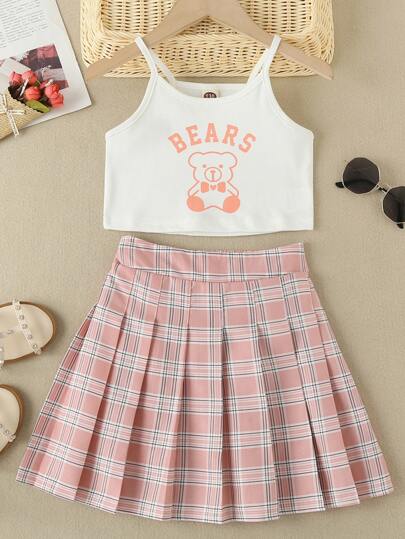Kids Checkered Skirt Shein Girls Letter Cartoon Graphic Cami Top