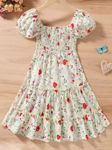 Girls Floral Print Shirred Puff Sleeve Ruffle Hem Dress - Beige - View 1