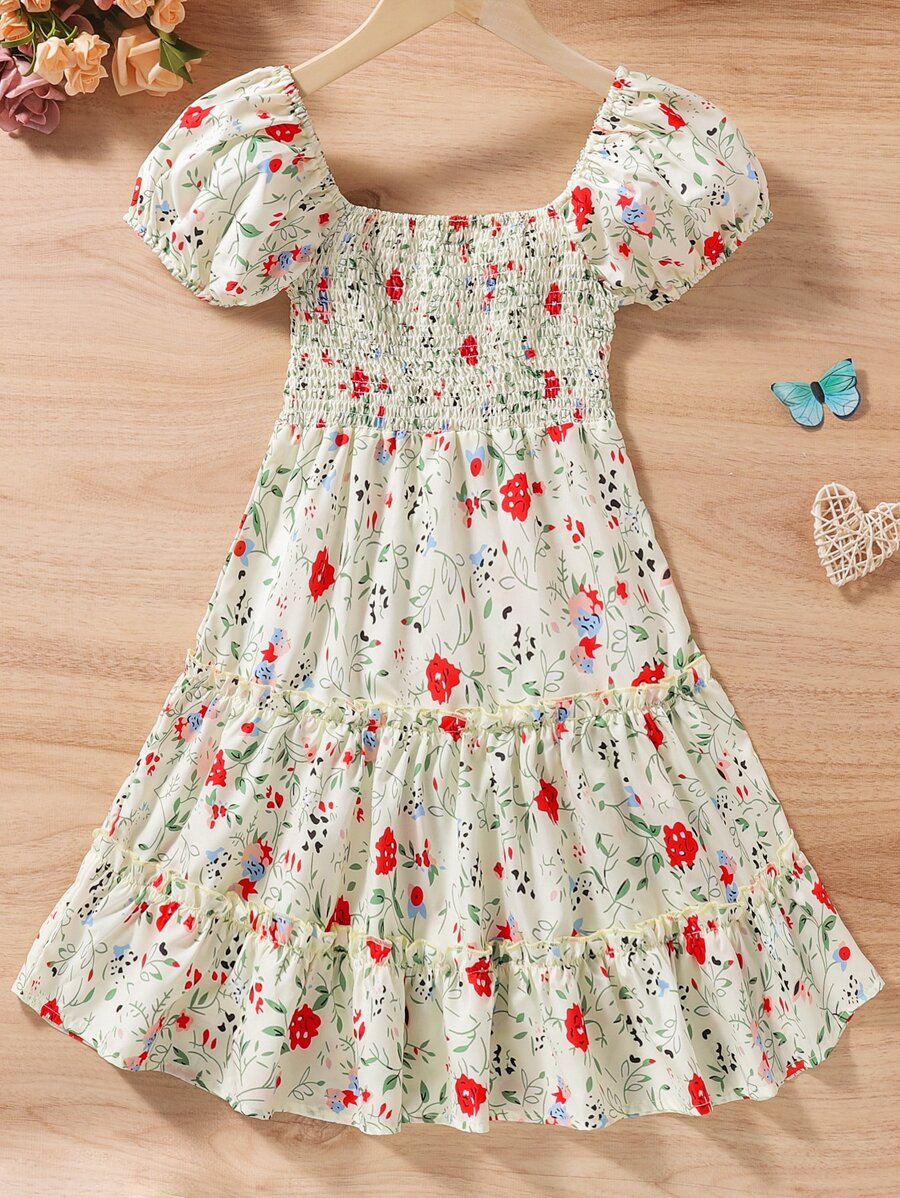 Girls Floral Print Shirred Puff Sleeve Ruffle Hem Dress - Beige - View 1