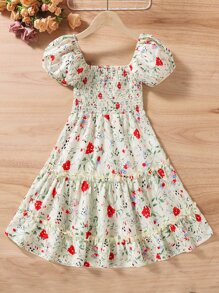 Girls Floral Print Shirred Puff Sleeve Ruffle Hem Dress - Beige - View 2