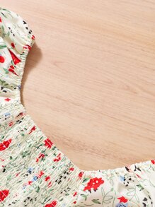 Girls Floral Print Shirred Puff Sleeve Ruffle Hem Dress - Beige - View 4