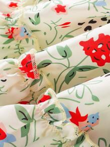 Girls Floral Print Shirred Puff Sleeve Ruffle Hem Dress - Beige - View 5