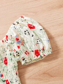 Girls Floral Print Shirred Puff Sleeve Ruffle Hem Dress - Beige - View 6