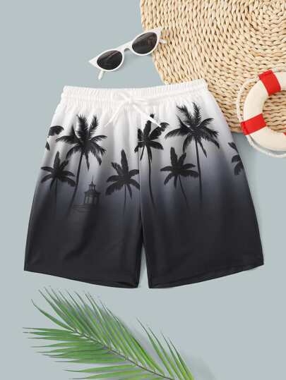 SHEIN Tween Boy Tropical Print Drawstring Swim Shorts