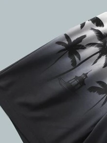 SHEIN Pantalones Cortos De Natación Para Chico Pre Adolescente Con Cordón Y Estampado Tropical - Blanco y Negro - Ver 3