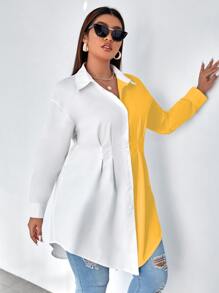 Calvaya Plus Two Tone Plicated Asymmetrical Hem Shirt - Multicolor - View 1