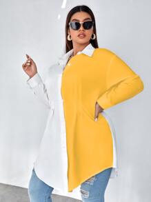 Calvaya Plus Two Tone Plicated Asymmetrical Hem Shirt - Multicolor - View 3