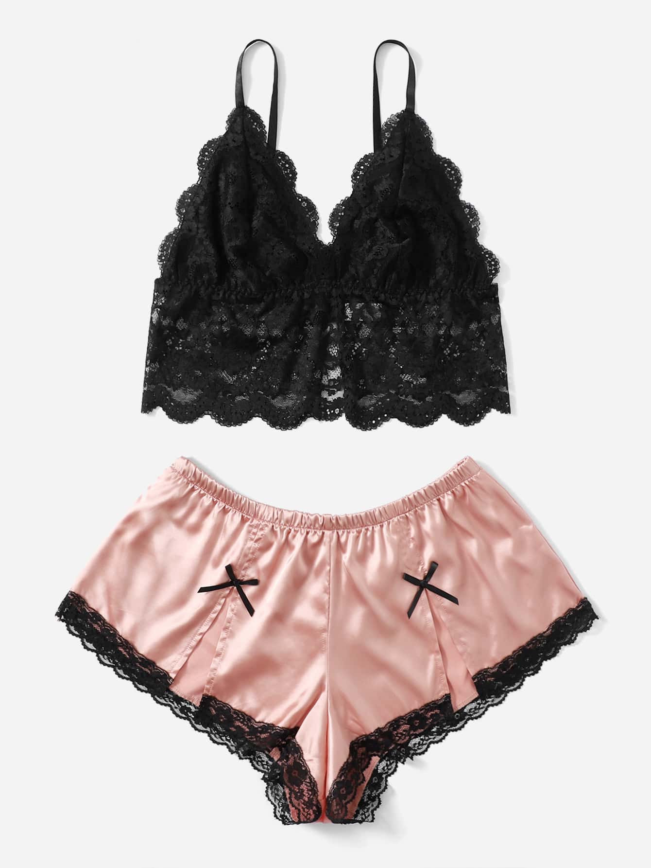 Plus Floral Lace Satin Lingerie Set - Multicolor - View 3