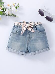 Baby Girl Stone Washed Rolled Hem Belted Denim Shorts - Light Wash - View 1