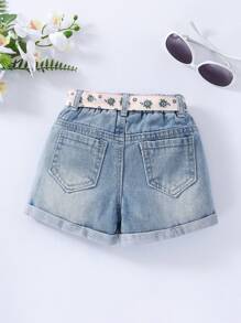 Baby Girl Stone Washed Rolled Hem Belted Denim Shorts - Light Wash - View 2