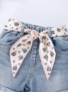 Baby Girl Stone Washed Rolled Hem Belted Denim Shorts - Light Wash - View 4