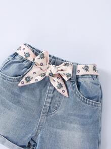 Baby Girl Stone Washed Rolled Hem Belted Denim Shorts - Light Wash - View 5