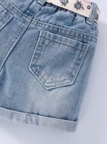Baby Girl Stone Washed Rolled Hem Belted Denim Shorts - Light Wash - View 6