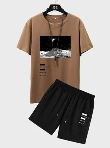 Manfinity Homme Men Letter & Picture Print Drop Shoulder Tee & Drawstring Waist Shorts - Multicolor - View 1