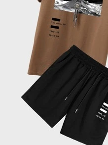 Manfinity Homme Men Letter & Picture Print Drop Shoulder Tee & Drawstring Waist Shorts - Multicolor - View 5