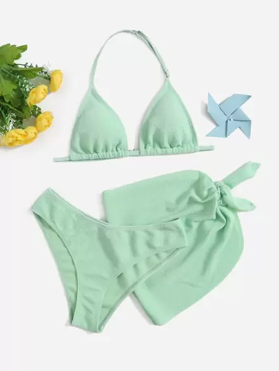 Teen Girls Plain Halter Bikini Set & Swim Skirt Summer Beach Summer Holiday
