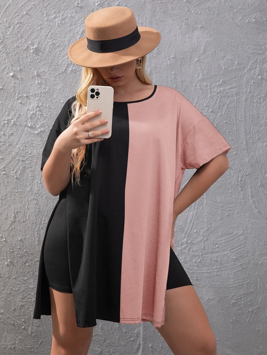 SHEIN LUNE 大碼雙色下擺開叉T恤和機車短褲 - 彩色 - 查看 1