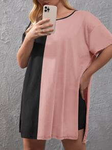 SHEIN LUNE 大碼雙色下擺開叉T恤和機車短褲 - 彩色 - 查看 4