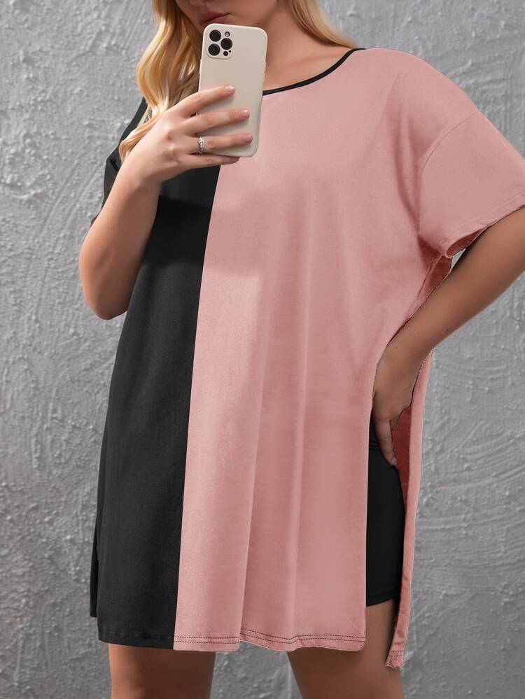 SHEIN LUNE 大碼雙色下擺開叉T恤和機車短褲 - 彩色 - 查看 4