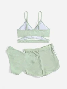 Teen Girls Color Block Bikini Set & Swim Shorts Summer Beach - Green - View 2