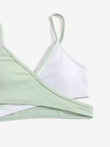 Teen Girls Color Block Bikini Set & Swim Shorts Summer Beach - Green - View 5