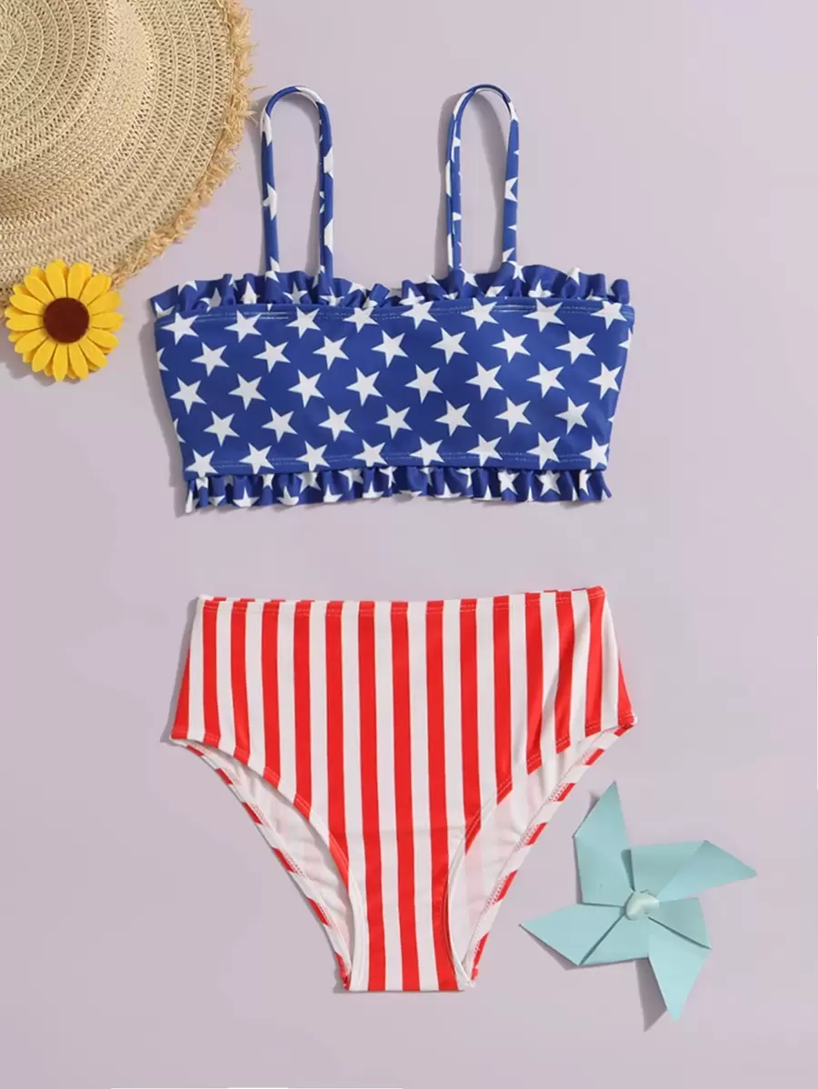 Tween Girl Star & Striped Print Frilled Bikini Set Summer Beach - Multicolor - View 1