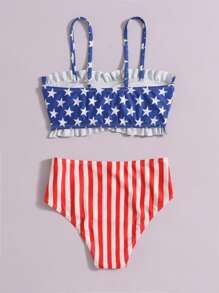 Tween Girl Star & Striped Print Frilled Bikini Set Summer Beach - Multicolor - View 2