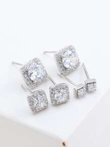 3pairs Cubic Zirconia Geometric Design Stud Earrings - Silver - View 4