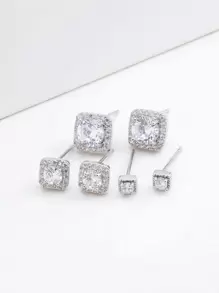 3pairs Cubic Zirconia Geometric Design Stud Earrings - Silver - View 2