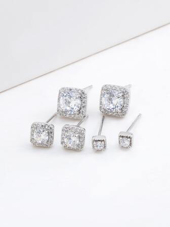 3pairs Cubic Zirconia Geometric Design Stud Earrings