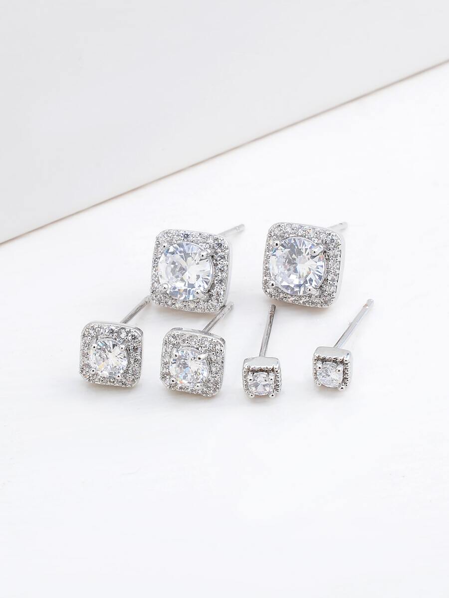 3pairs Cubic Zirconia Geometric Design Stud Earrings