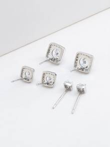 3pairs Cubic Zirconia Geometric Design Stud Earrings - Silver - View 3